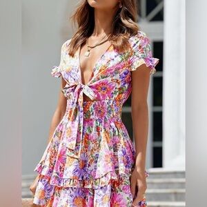 PrettyGarden Floral V-Neck Dress with Ruffle Hem